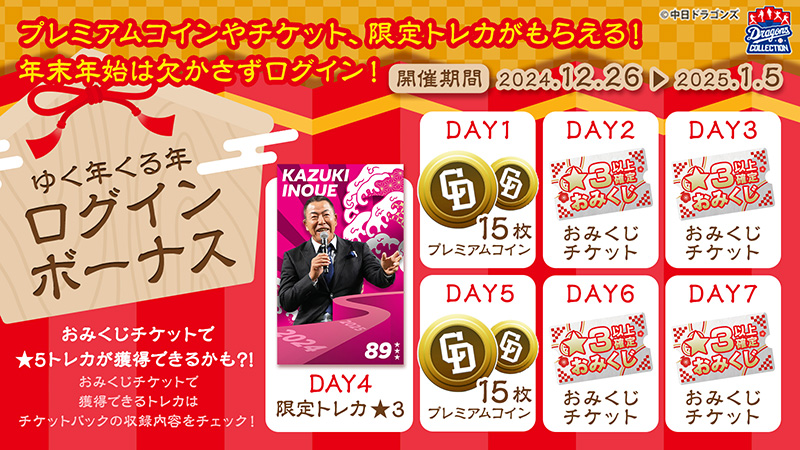 DRAGONS COLLECTIONにて、ゆく年くる年キャンペーン開催中&松山投手の限定トレカ配布中!