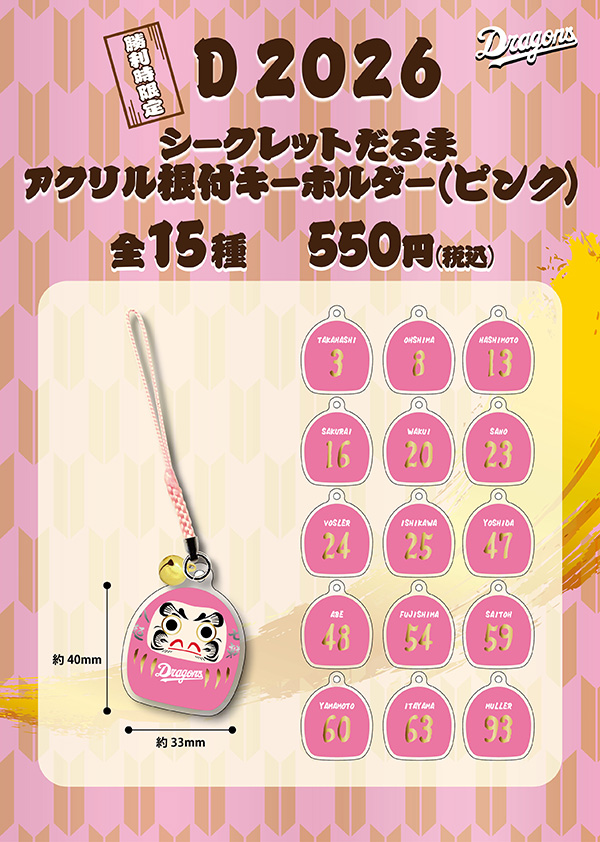 2026勝利時限定シークレットだるまアクリル根付キーホルダーピンク（全15種）