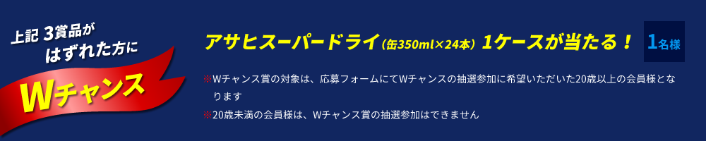 上記3賞品はずれた方にWチャンス アサヒスーパードライ1ケースが当たる！