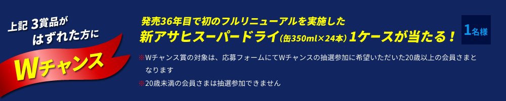 上記3賞品はずれた方にWチャンス アサヒスーパードライ1ケースが当たる！