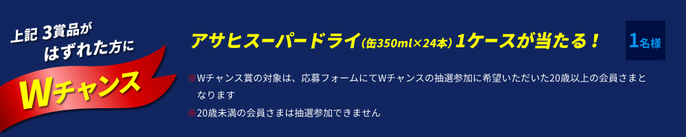 上記3賞品はずれた方にWチャンス アサヒスーパードライ1ケースが当たる！